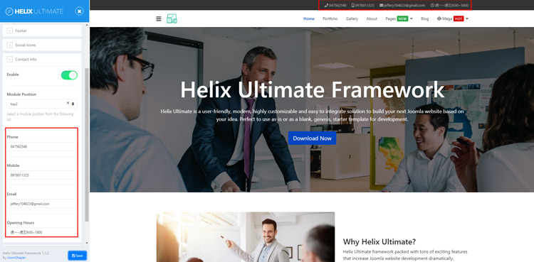 Joomla頂部聯絡資訊修改